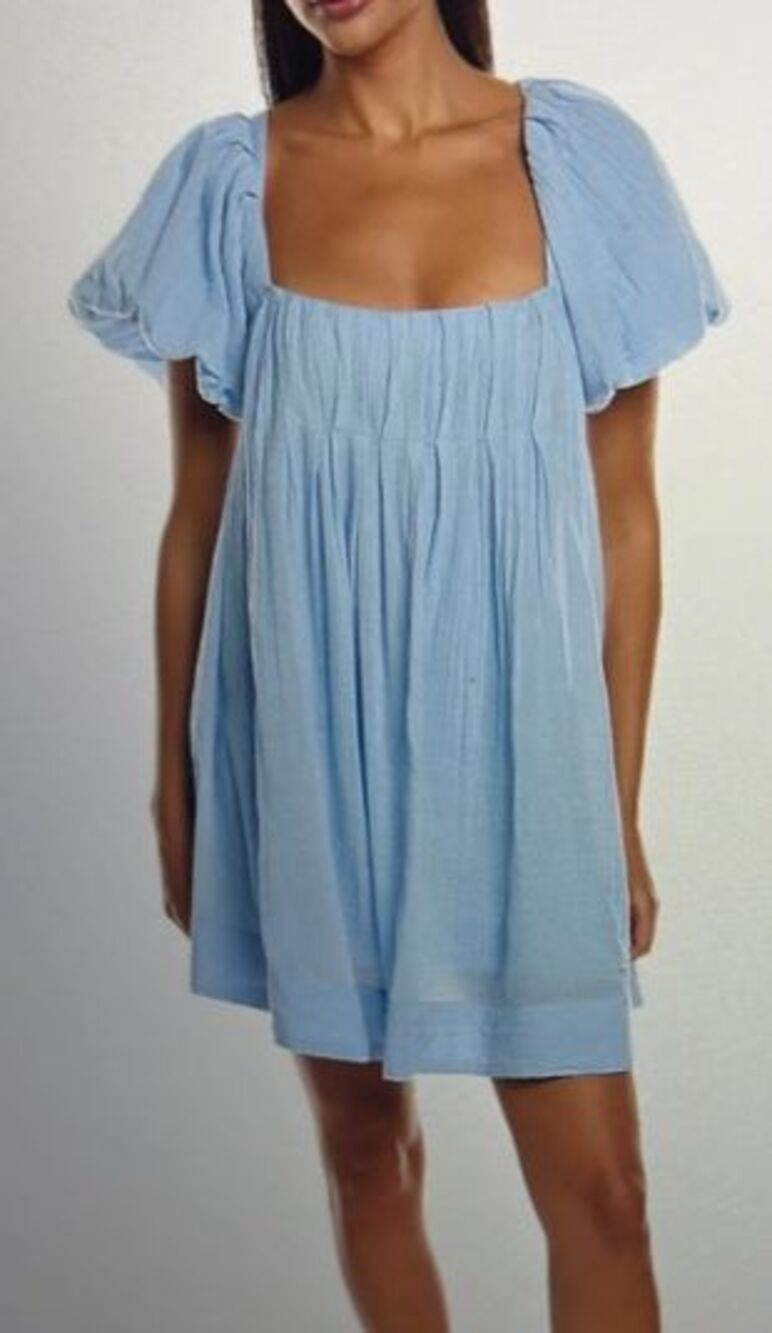 Free People Marina Mini Dress Medium Babydoll Blue Crinkle Boho Coquette Preppy